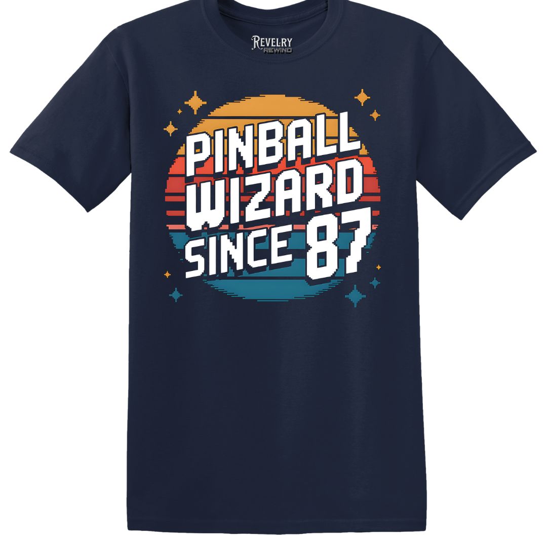 Flat lay of Pinball Wizard Since ’87 design on navy t-shirt