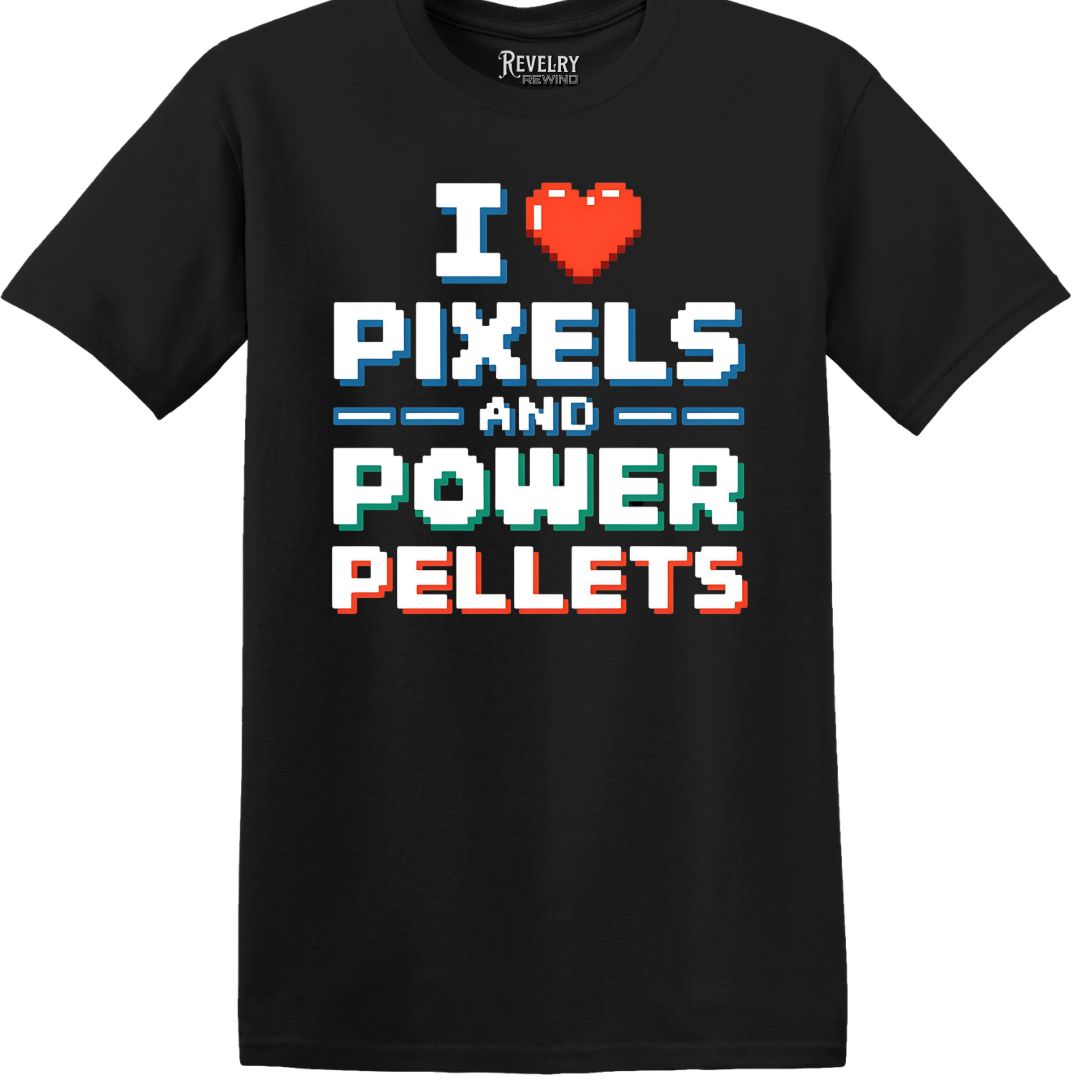 Flat lay of I Love Pixels and Power Pellets shirt on black t-shirt