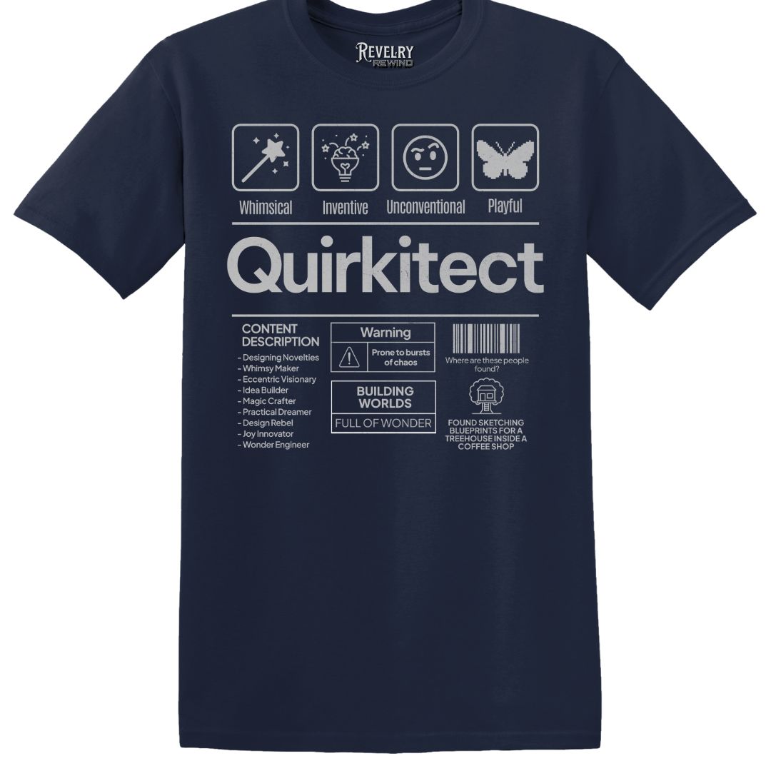 Flat lay of Quirkitect blueprint graphic shirt in navy blue for creative thinkers