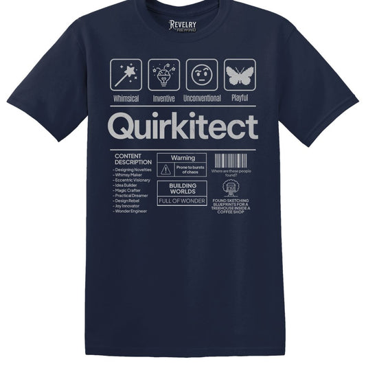 Flat lay of Quirkitect blueprint graphic shirt in navy blue for creative thinkers