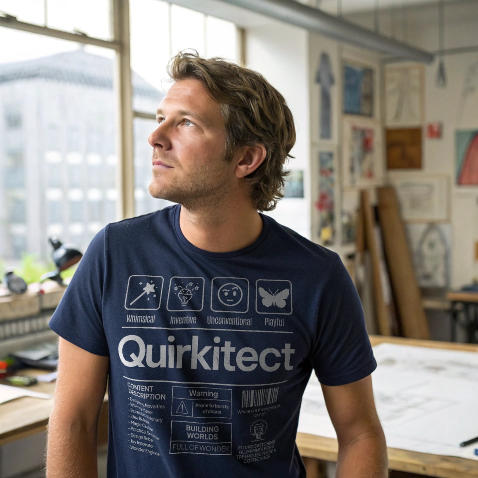 Realistic mockup of man wearing Quirkitect blueprint shirt in navy, standing in creative loft space