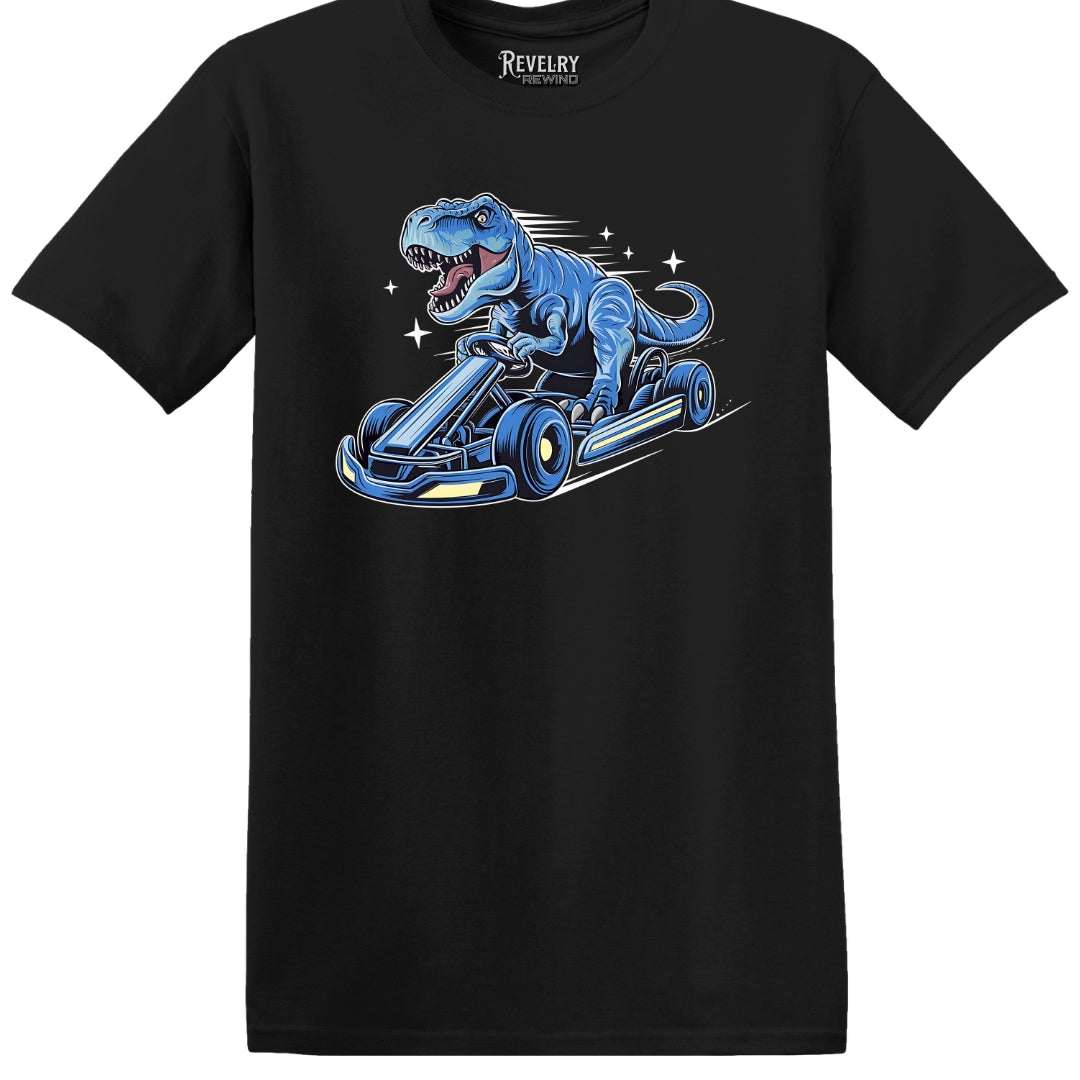 Flat lay of Racing Dino design on black t-shirt