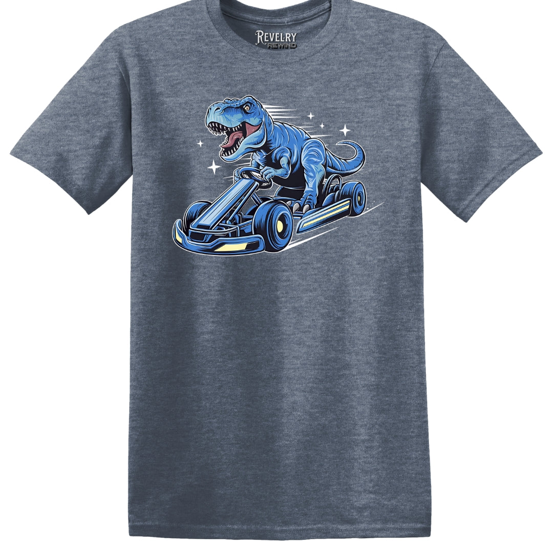 Flat lay of Racing Dino design on heather indigo t-shirt