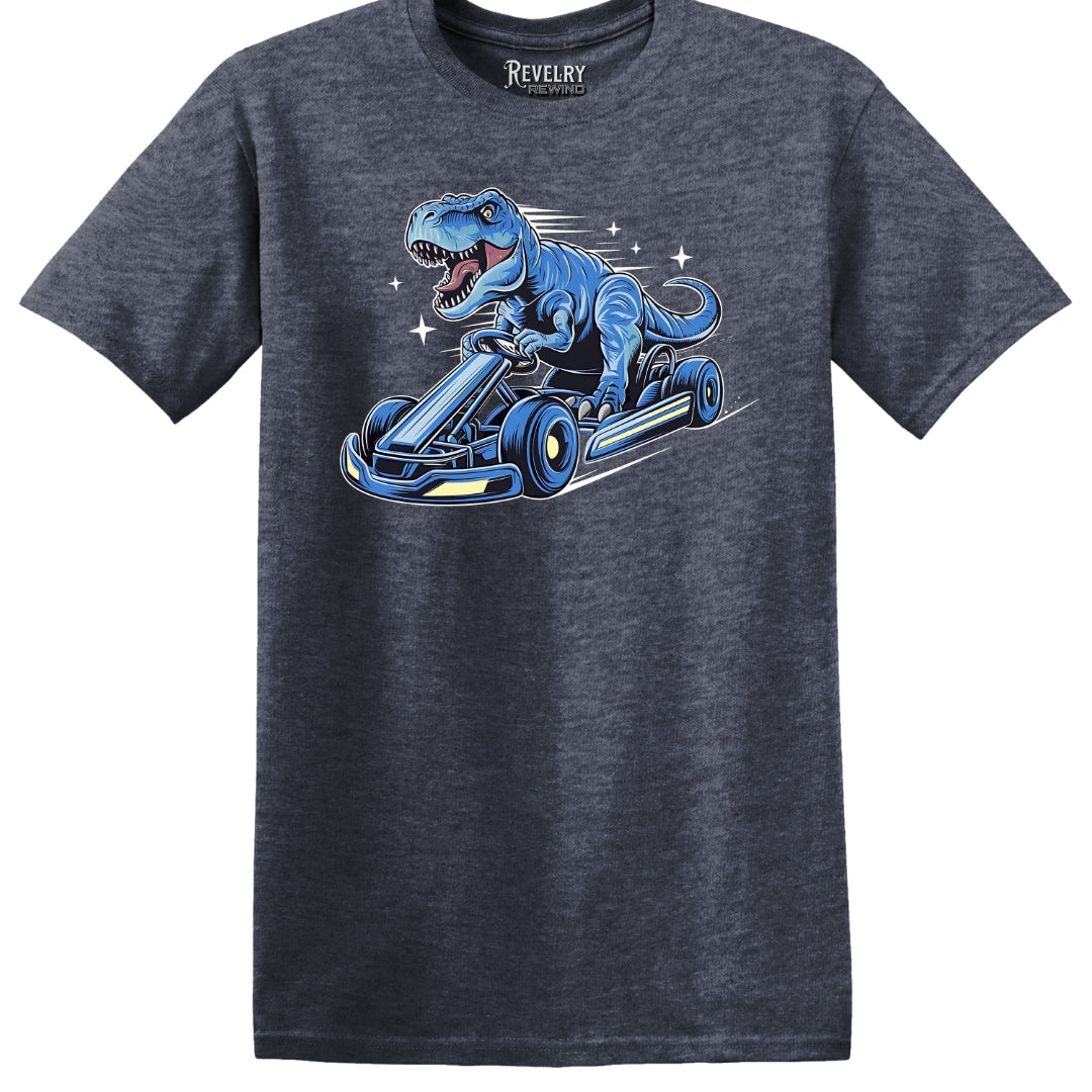 Flat lay of Racing Dino design on heather navy t-shirt