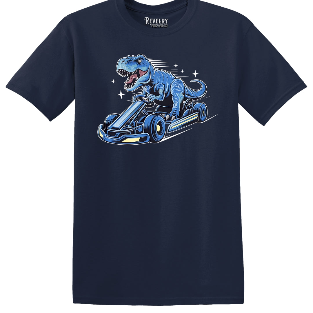 Flat lay of Racing Dino design on navy t-shirt