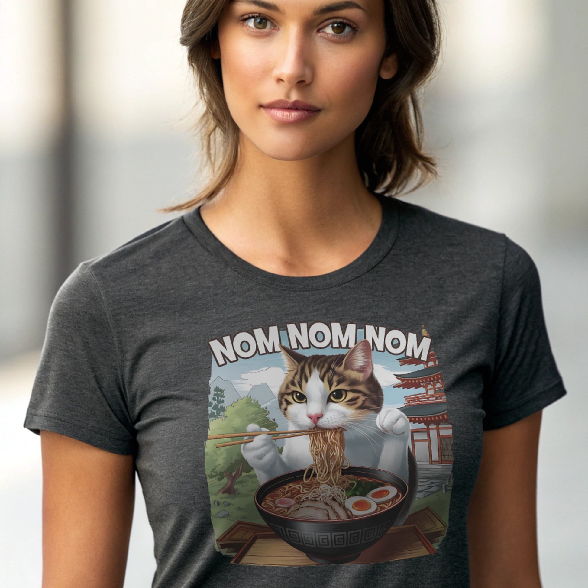 Charcoal studio mockup of Ramen Cat T-Shirt on a female model, front view, natural eyes, plain crew neck