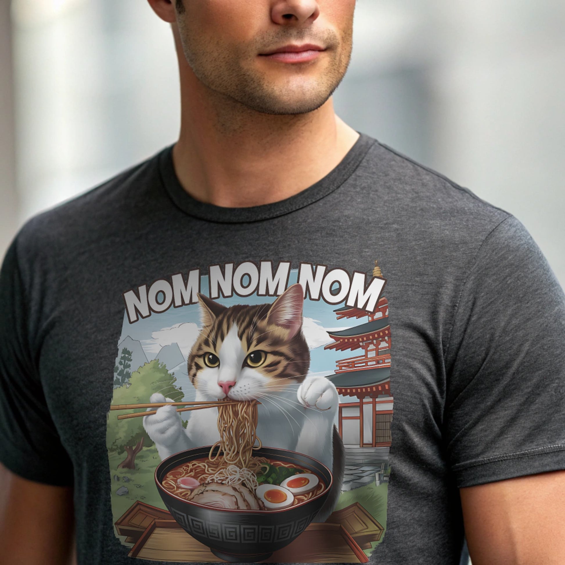 Charcoal studio mockup of Ramen Cat T-Shirt on a male model, front view, natural eyes, plain crew neck