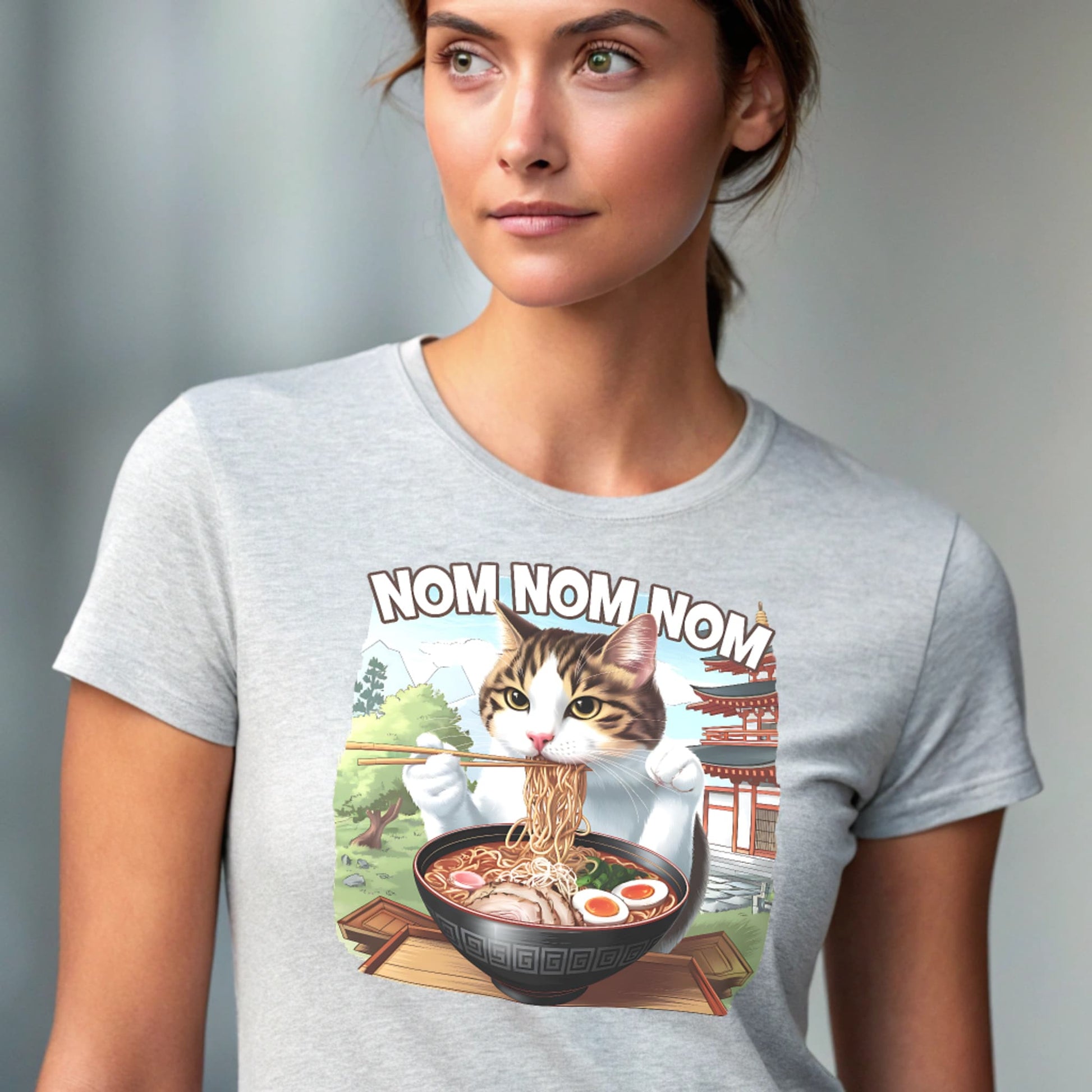 Ice Grey studio mockup of Ramen Cat T-Shirt on a female model, front view, natural eyes, plain crew neck