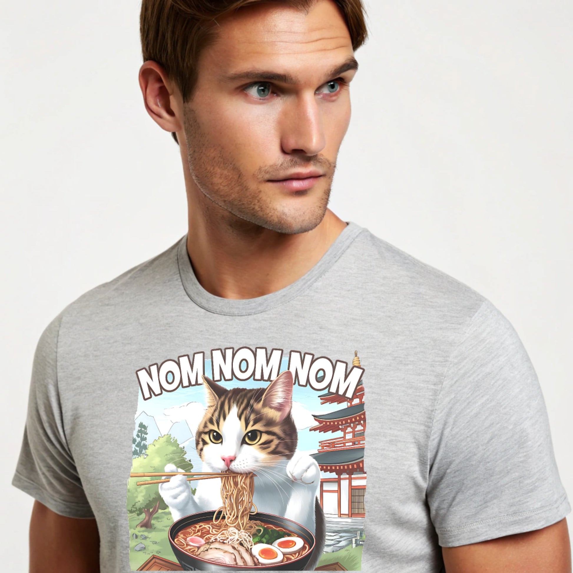 Ice Grey studio mockup of Ramen Cat T-Shirt on a male model, front view, natural eyes, plain crew neck