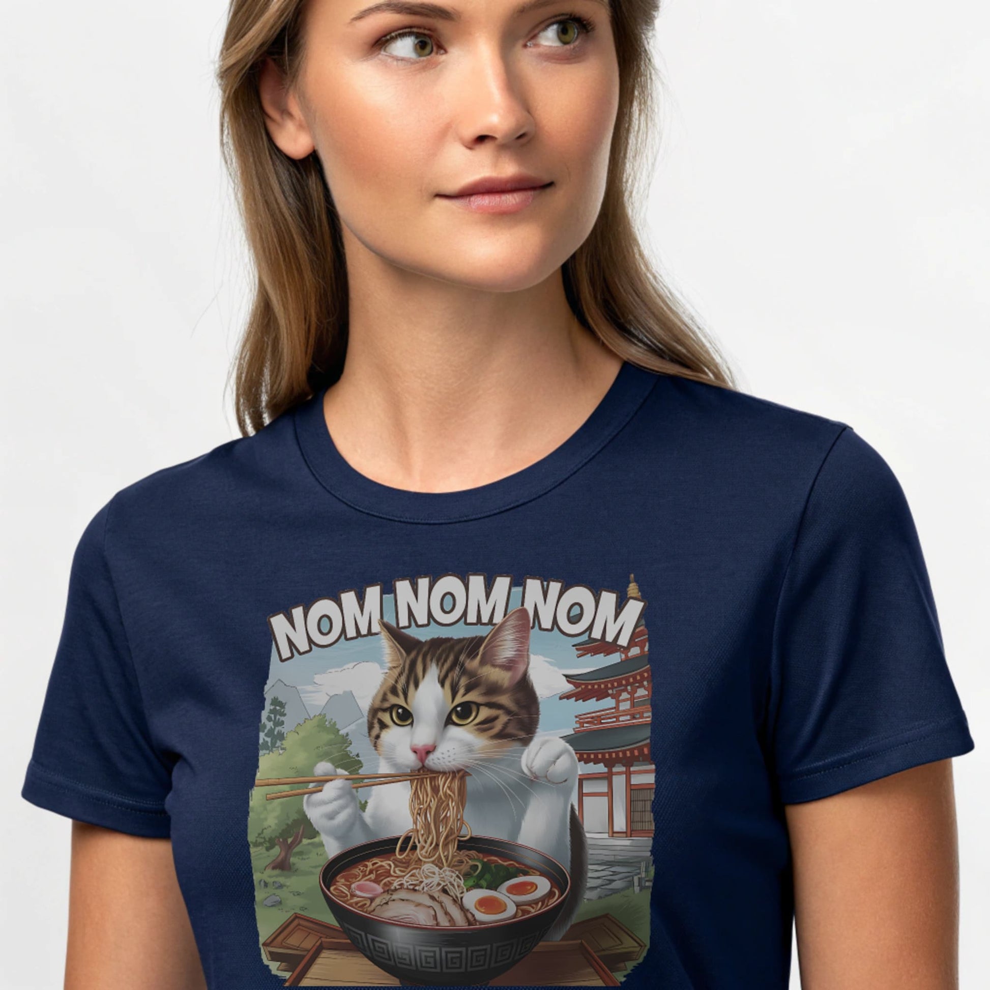 Navy studio mockup of Ramen Cat T-Shirt on a female model, front view, natural eyes, plain crew neck