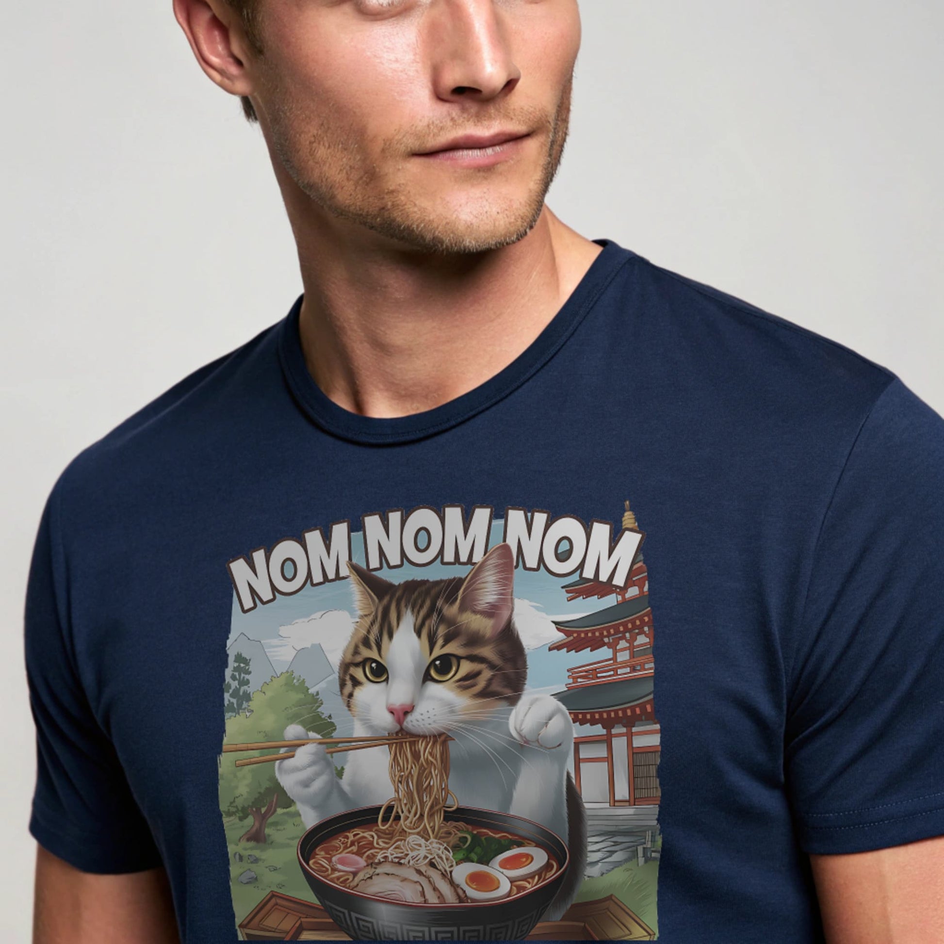 Navy studio mockup of Ramen Cat T-Shirt on a male model, front view, natural eyes, plain crew neck