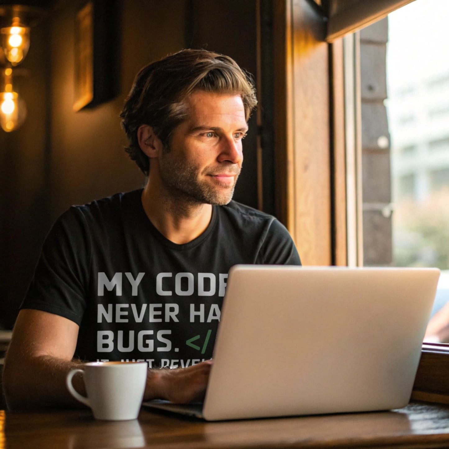 Hyper-realistic mockup of a 25–40-year-old man wearing a black Random Features T-Shirt sitting in a café with a laptop and coffee mug by a window.