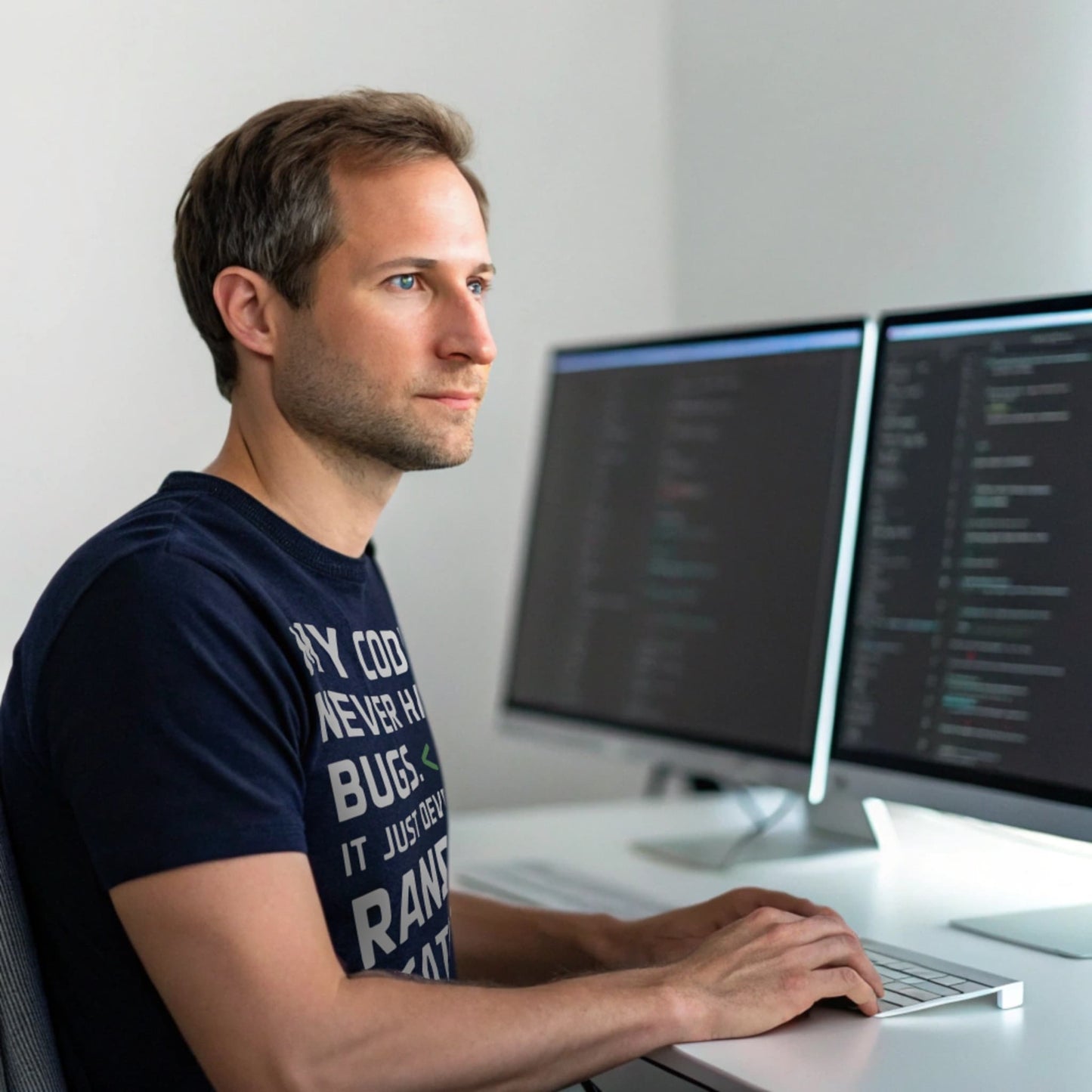 Hyper-realistic mockup of a 25–40-year-old man wearing a navy Random Features T-Shirt seated at a desk with multiple code-filled monitors under cool LED backlighting.