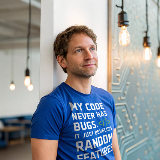 Hyper-realistic mockup of a 25–40-year-old man wearing a royal blue Random Features T-Shirt leaning against a coworking lounge wall with circuit-board art and Edison bulb lighting.