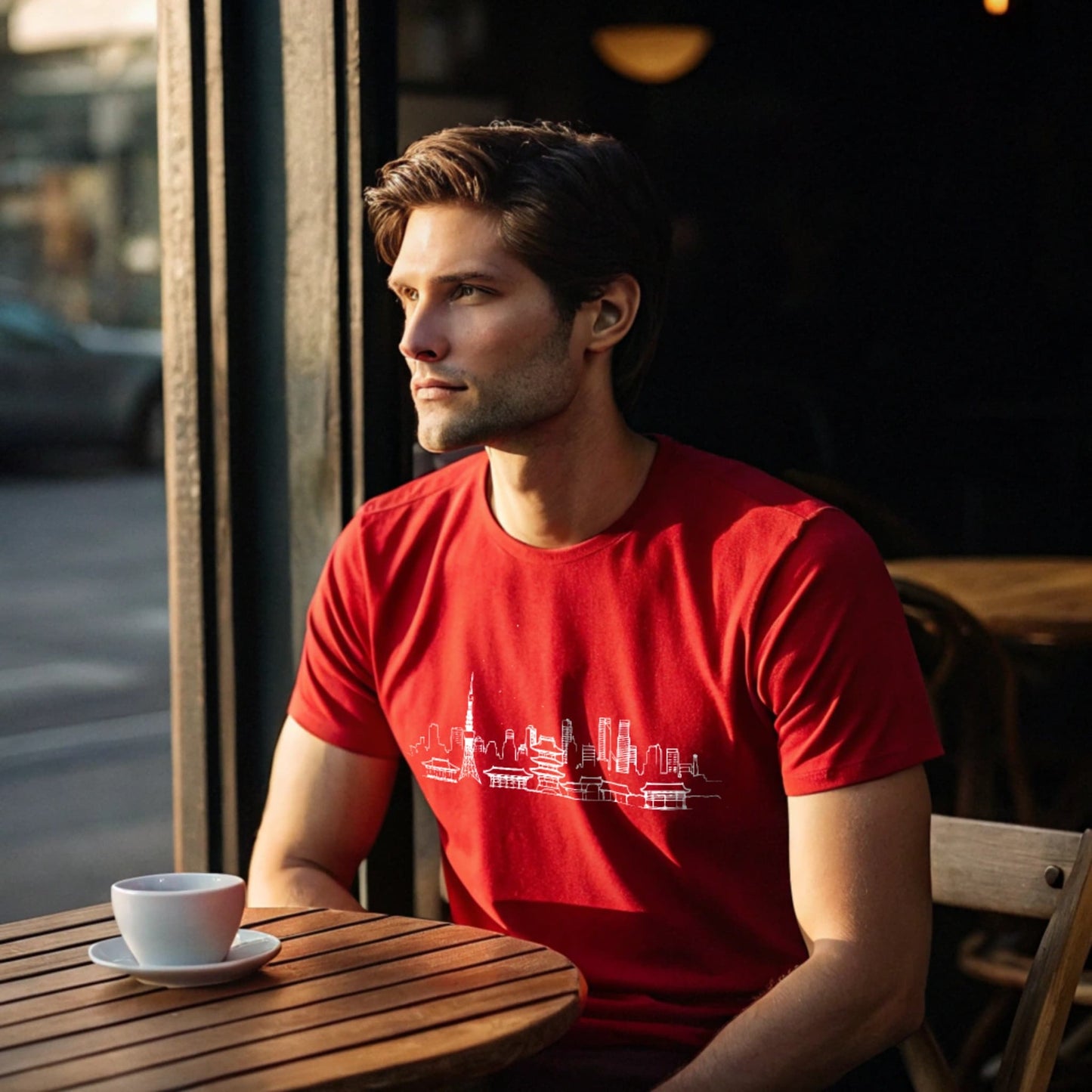 Male model seated at an outdoor café table in a red crew-neck t-shirt with a white city skyline graphic, lifestyle café shot.