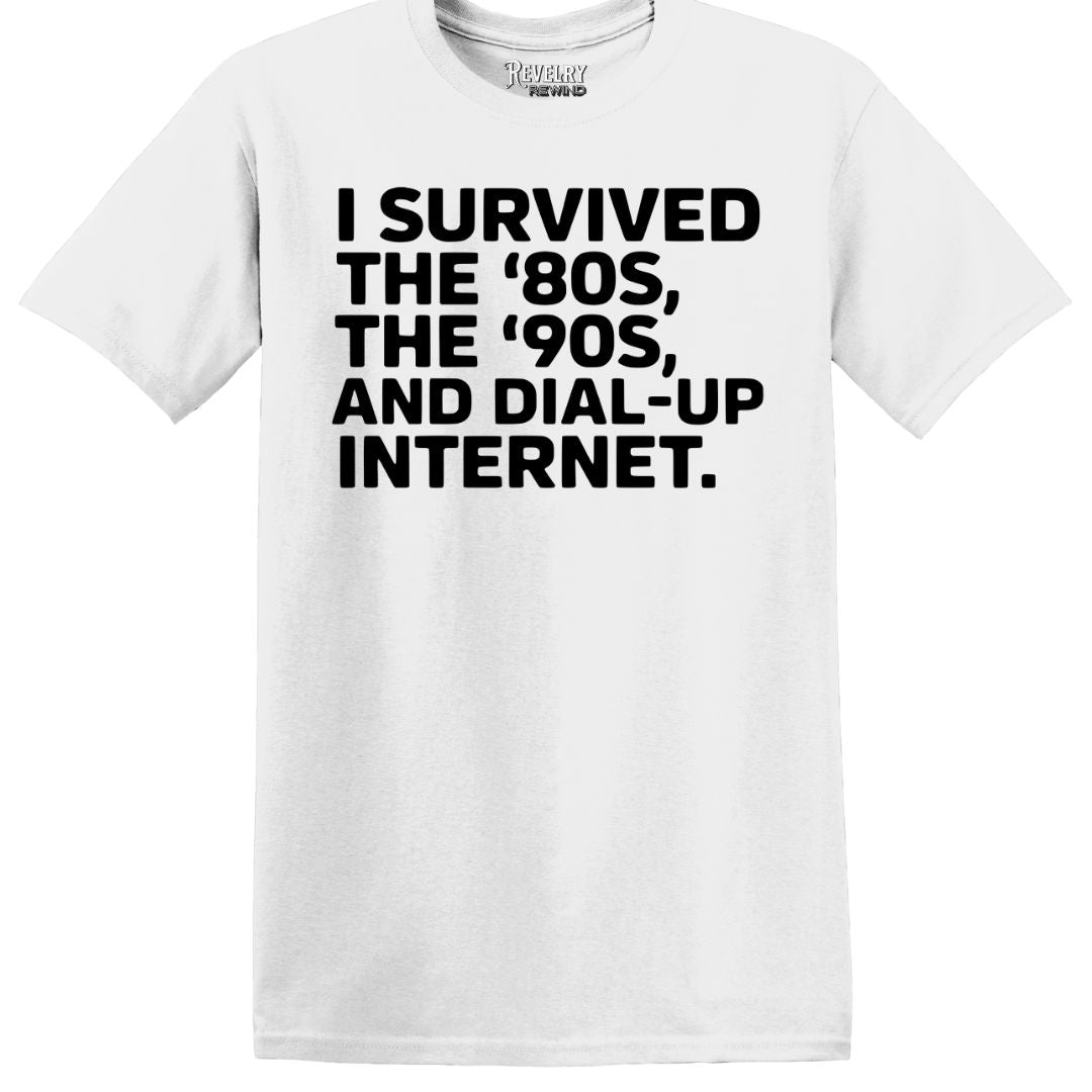White t-shirt flat lay with funny 80s and 90s internet survivor design