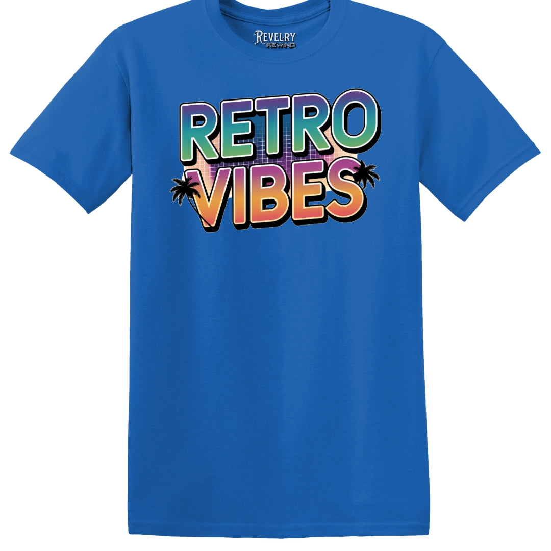 Retro Vibes T-Shirt in Royal Blue – Flatlay showing neon palm tree 80s design