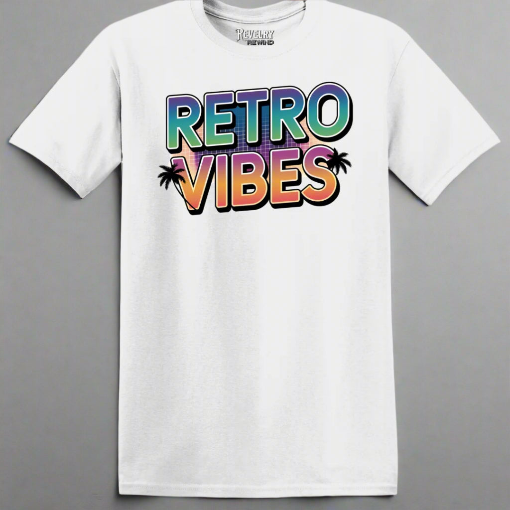 Retro Vibes T-Shirt in White – Flatlay with 80s sunset and palm tree graphic