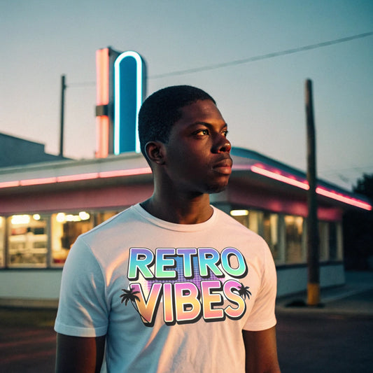 Man wearing Retro Vibes shirt in white outside a neon-lit diner at night