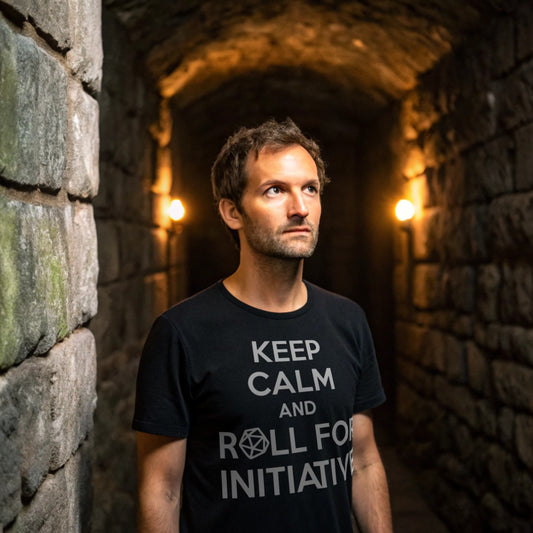 Hyper-realistic mockup of a 25–40-year-old man wearing a black Roll Initiative T-Shirt standing in a torch-lit dungeon corridor with stone walls.