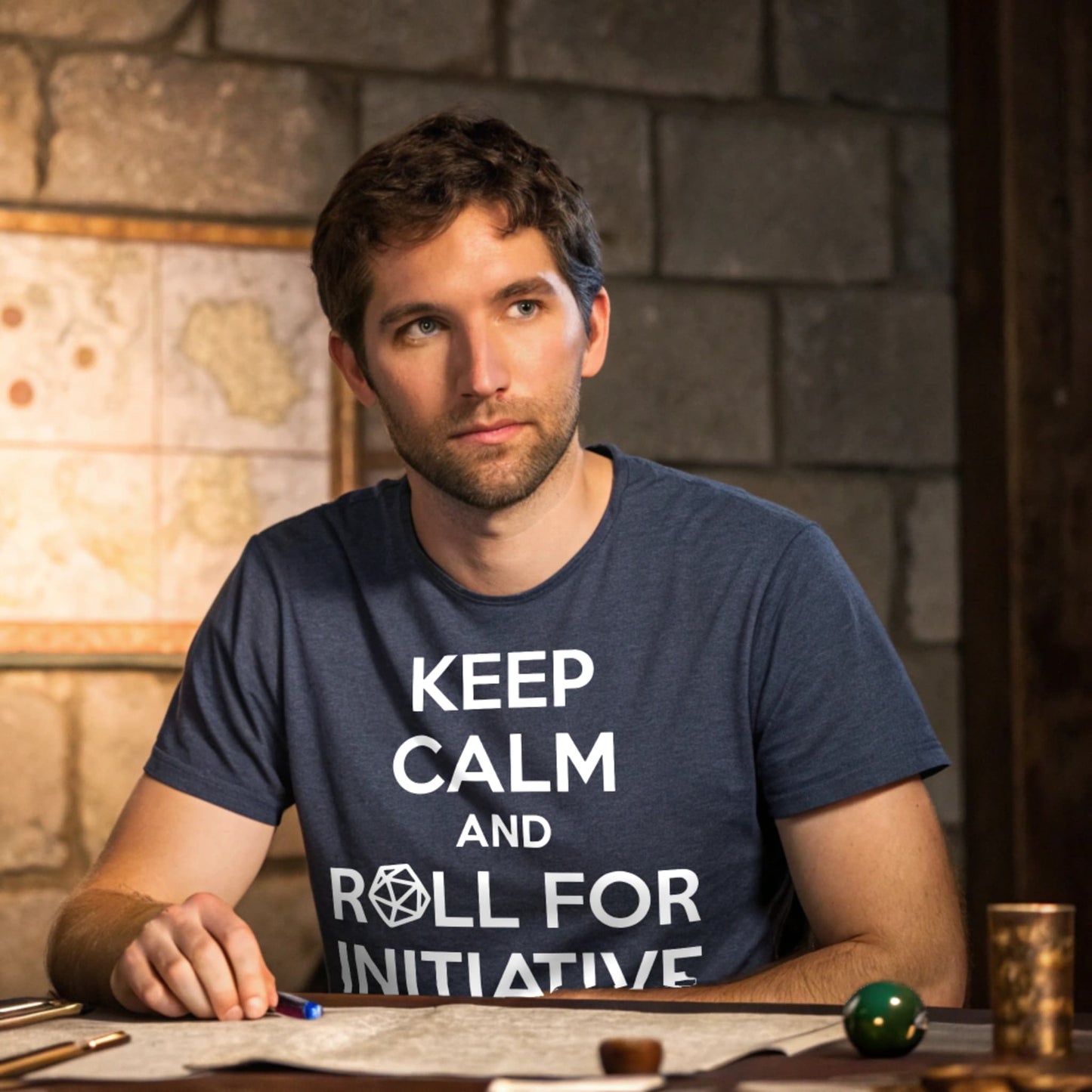 Hyper-realistic mockup of a 25–40-year-old man wearing a heather-navy Roll Initiative T-Shirt seated at a dungeon master’s desk strewn with parchments and polyhedral dice, map pinned to a stone wall behind him.