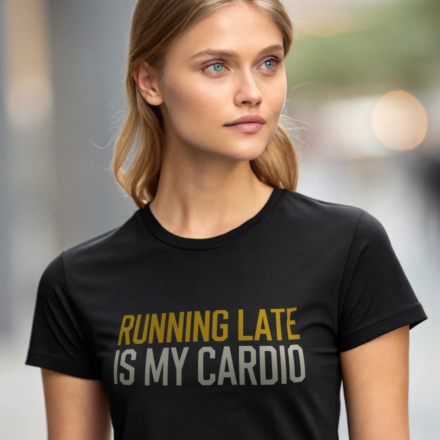 Black studio mockup of Running Late Cardio T-Shirt on a female model, front view, natural eyes, plain crew neck