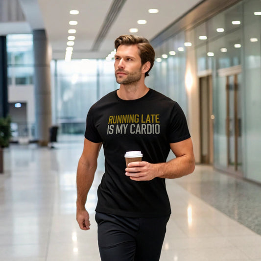 Black lifestyle mockup of Running Late Cardio T-Shirt mid-stride through an office lobby with coffee cup, male model