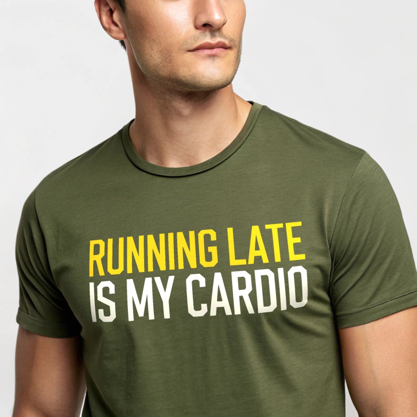 Military Green studio mockup of Running Late Cardio T-Shirt on a male model, front view, natural eyes, plain crew neck