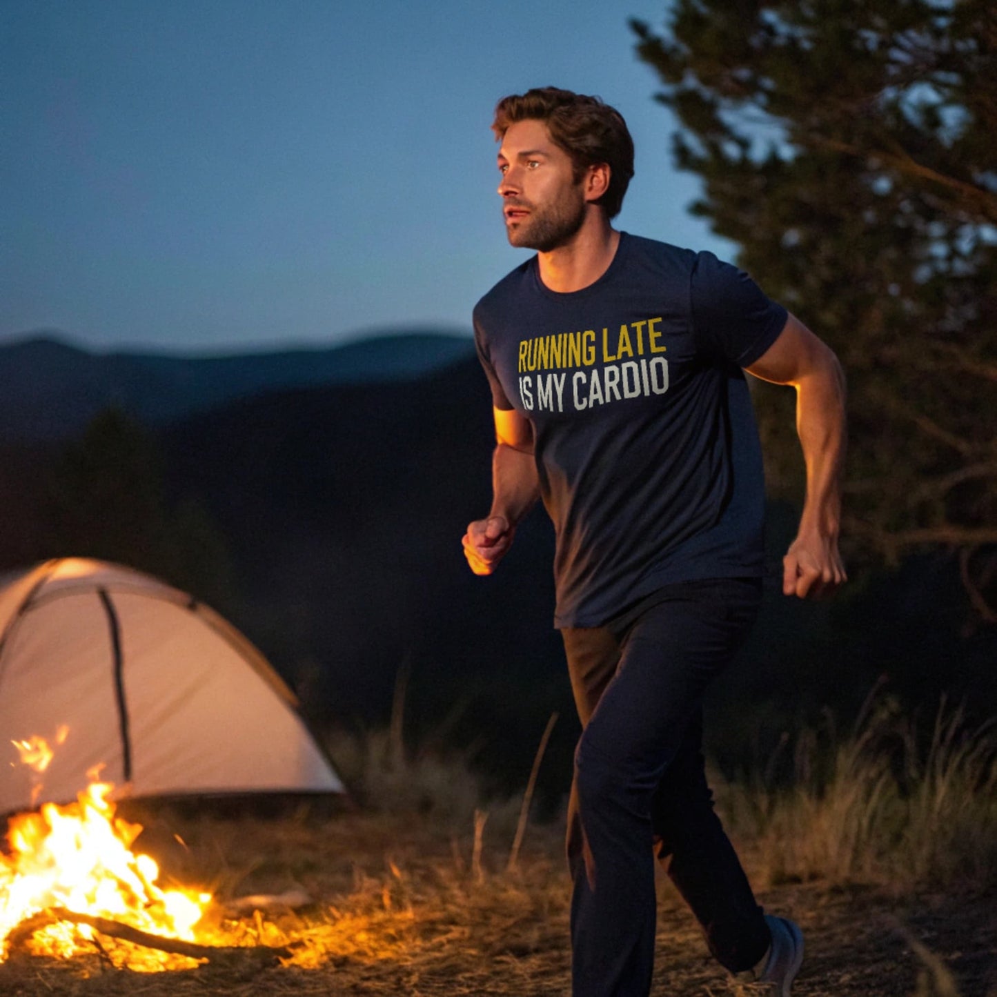 Navy lifestyle mockup of Running Late Cardio T-Shirt sprinting past a campfire at dusk, male model