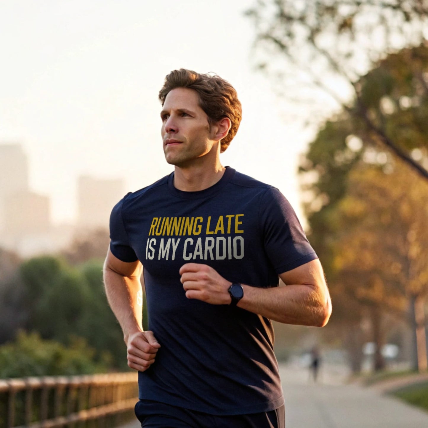 Navy lifestyle mockup of Running Late Cardio T-Shirt jogging across a city park at dawn, male model, plain crew neck