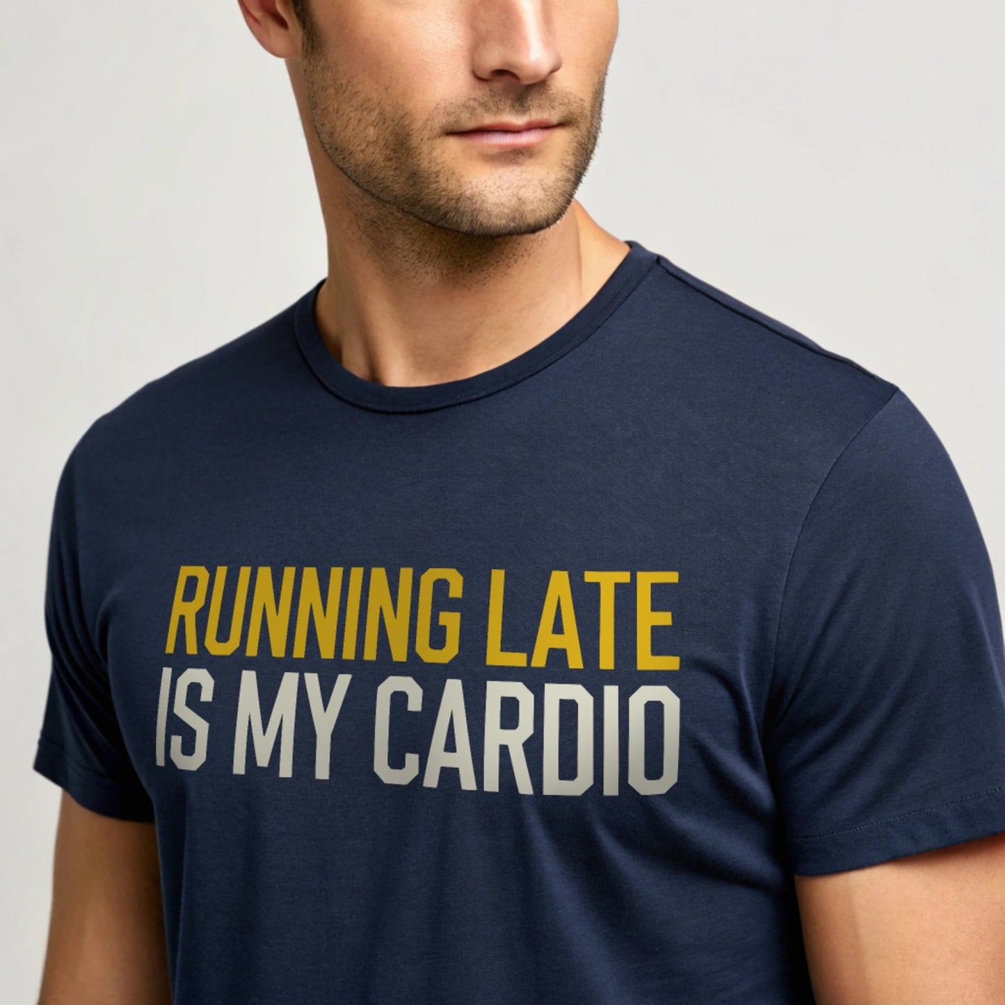 Navy studio mockup of Running Late Cardio T-Shirt on a male model, front view, natural eyes, plain crew neck