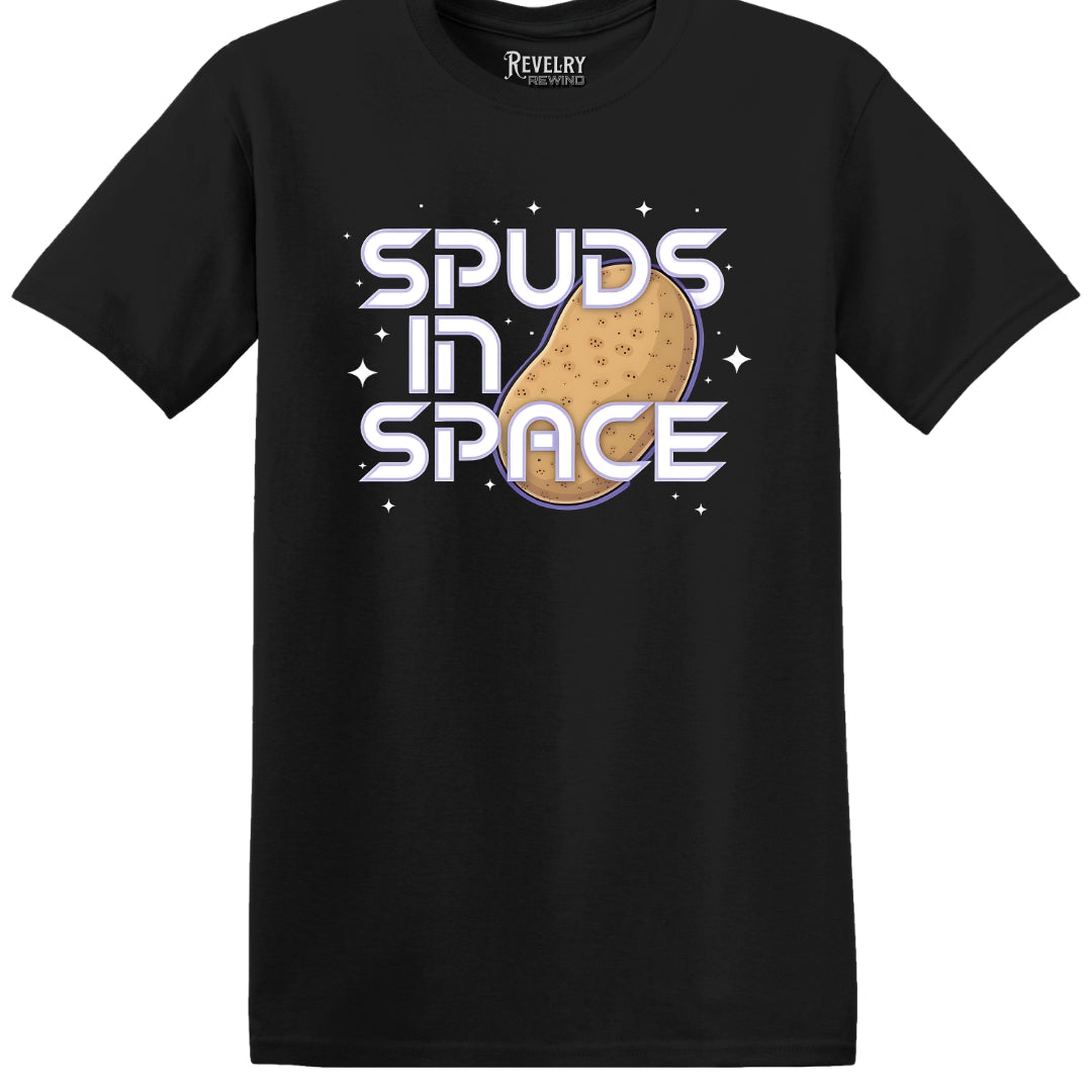 Flat lay of Spuds in Space design on black t-shirt