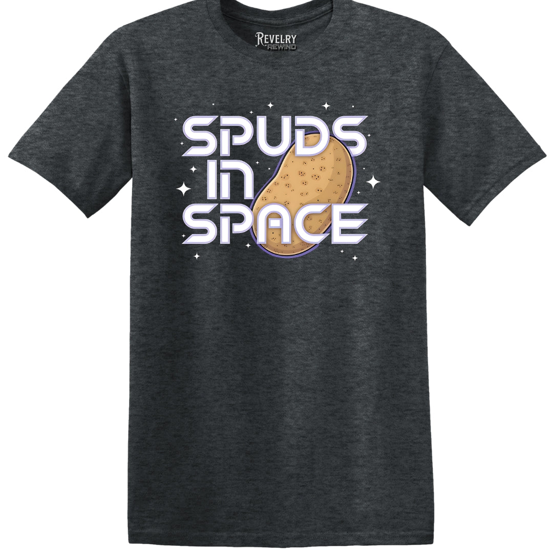 Flat lay of Spuds in Space design on dark heather t-shirt