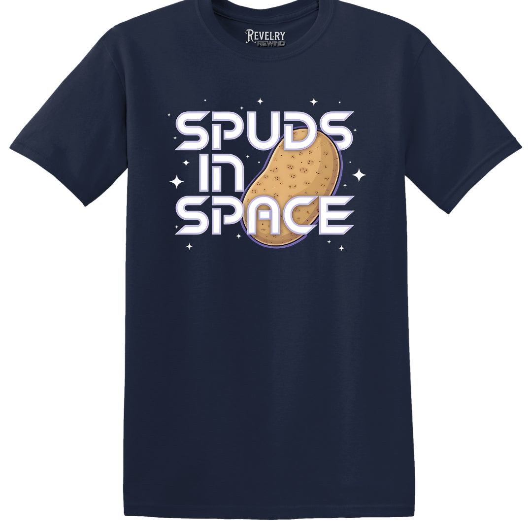 Flat lay of Spuds in Space design on navy t-shirt