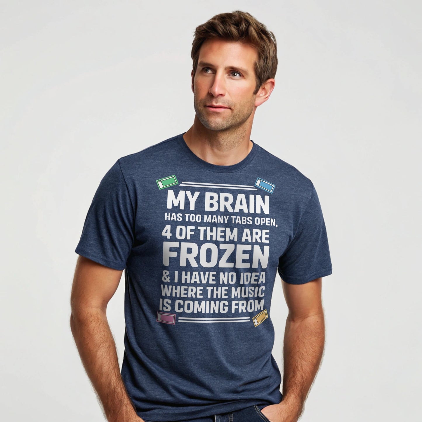 Hyper-realistic mockup of a 25–40-year-old man wearing a heather navy Too Many Tabs T-Shirt in a studio setting with soft lighting.