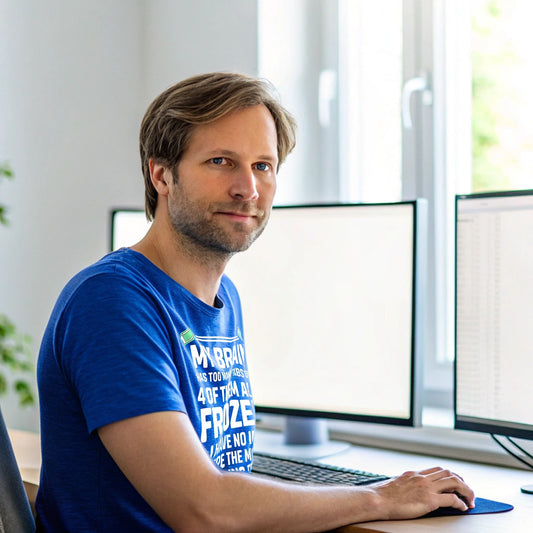 Hyper-realistic mockup of a 25–40-year-old man wearing a royal blue Too Many Tabs T-Shirt sitting at a home office desk with three monitors full of browser tabs.