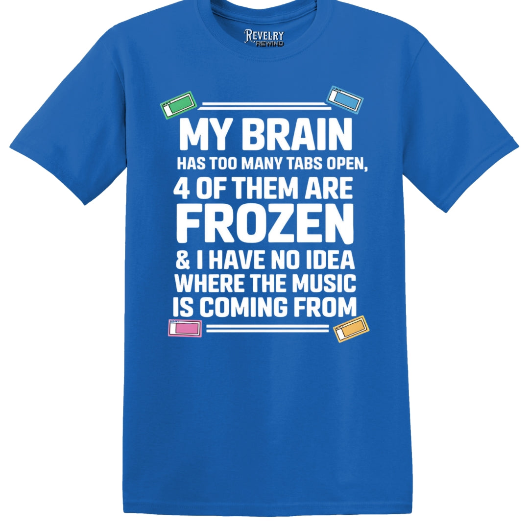 Flat-lay of Too Many Tabs T-Shirt in Royal Blue showing the ‘My brain has too many tabs open…’ design.