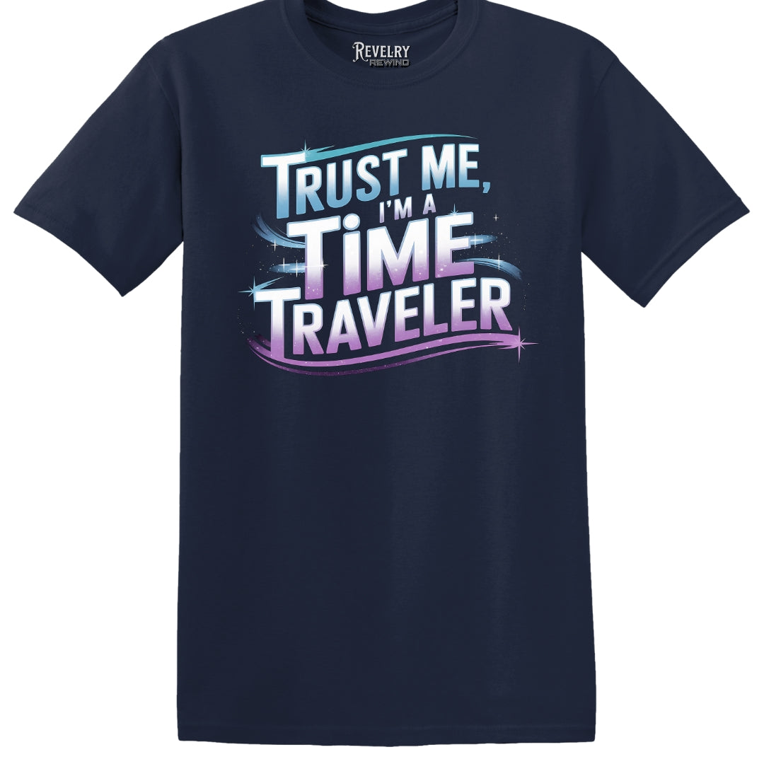 Flat lay of Trust Me I'm a Time Traveler design on navy t-shirt
