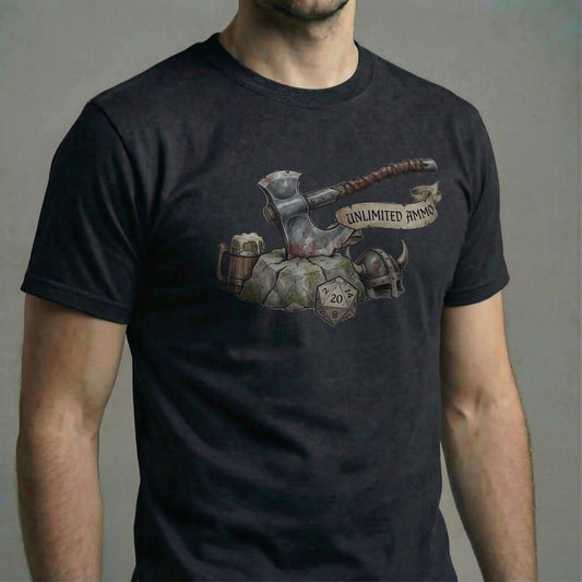 Black gaming t-shirt featuring an illustrated battle axe, dice, beer mug, and banner reading “Unlimited Ammo,” printed centered on the chest.