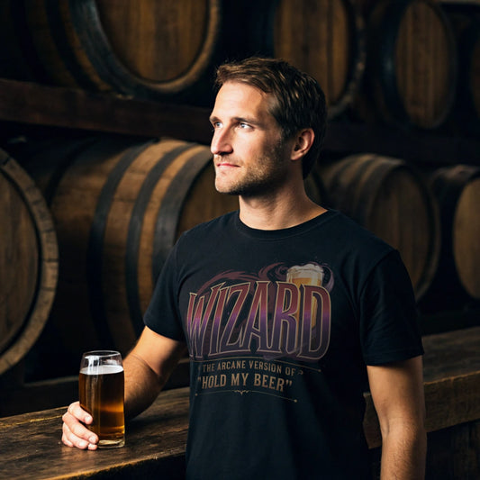 Hyper-realistic mockup of a 25–40-year-old man wearing a black Wizard Beer T-Shirt standing behind a tavern bar with wooden barrels and a frothy mug of ale.