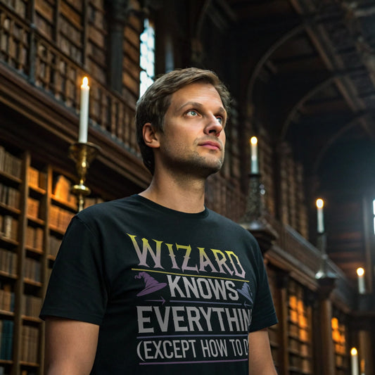 Hyper-realistic mockup of a 25–40-year-old man wearing a black Wizard Knows T-Shirt in a gothic library with towering bookshelves and candlelight.