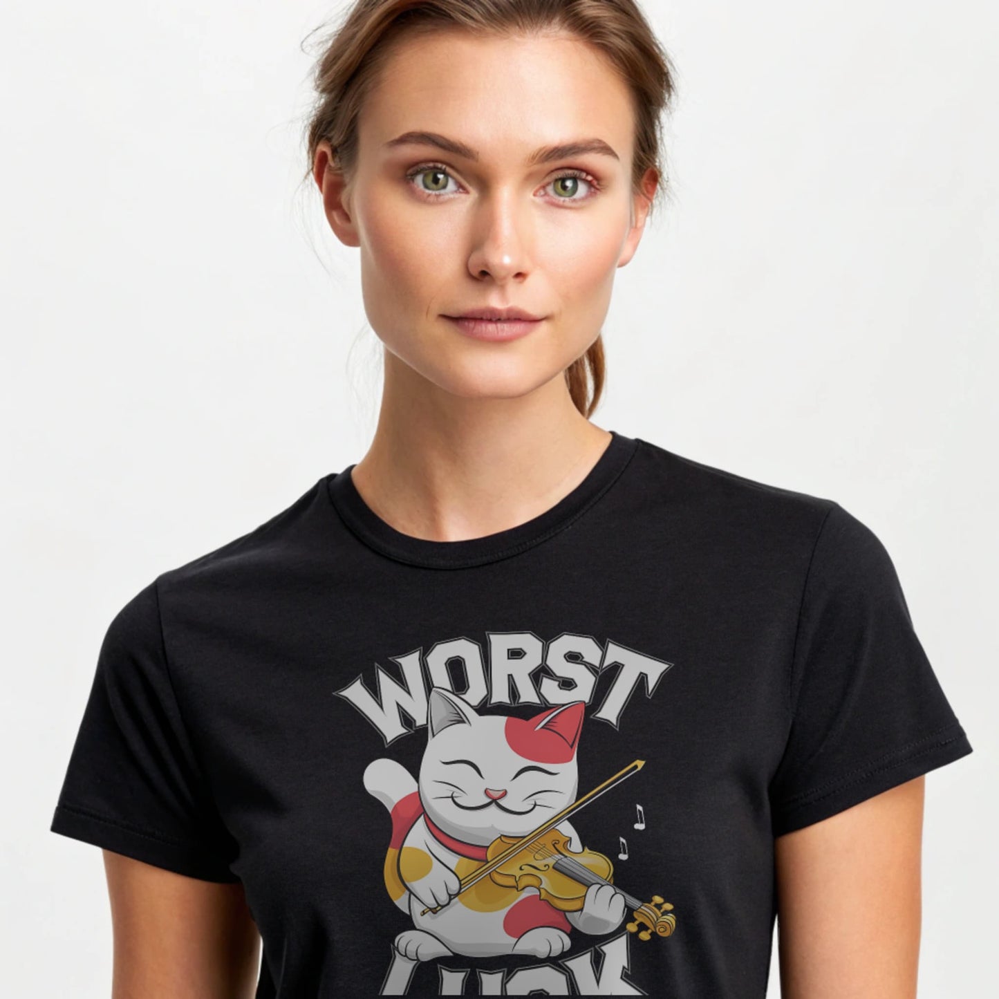 Black studio mockup of Worst Luck T-Shirt on a female model, front view, natural eyes, plain crew neck