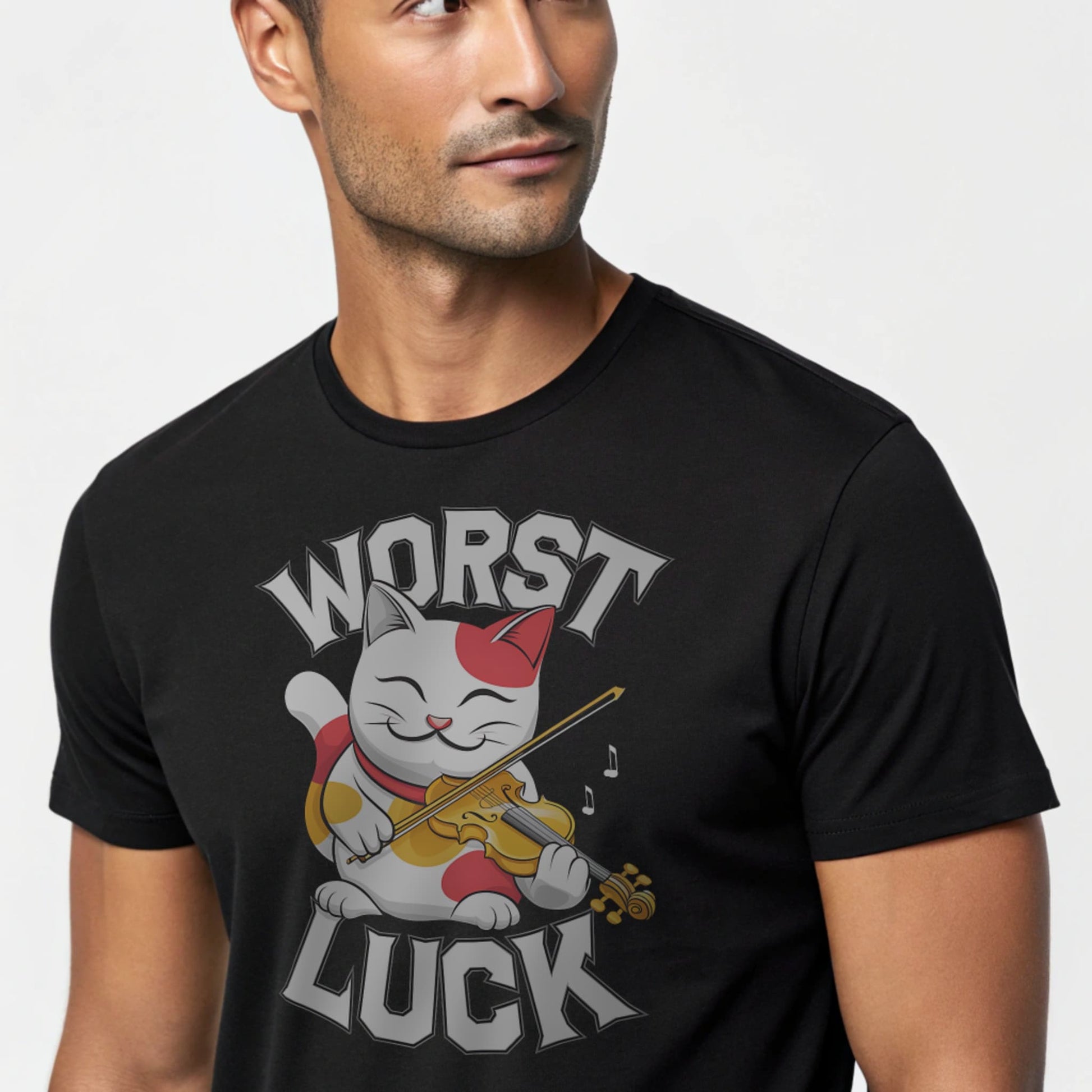 Black studio mockup of Worst Luck T-Shirt on a male model, front view, natural eyes, plain crew neck