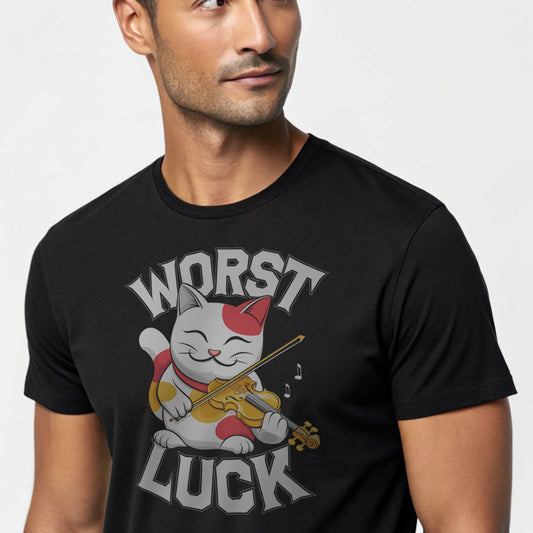 Black studio mockup of Worst Luck T-Shirt on a male model, front view, natural eyes, plain crew neck