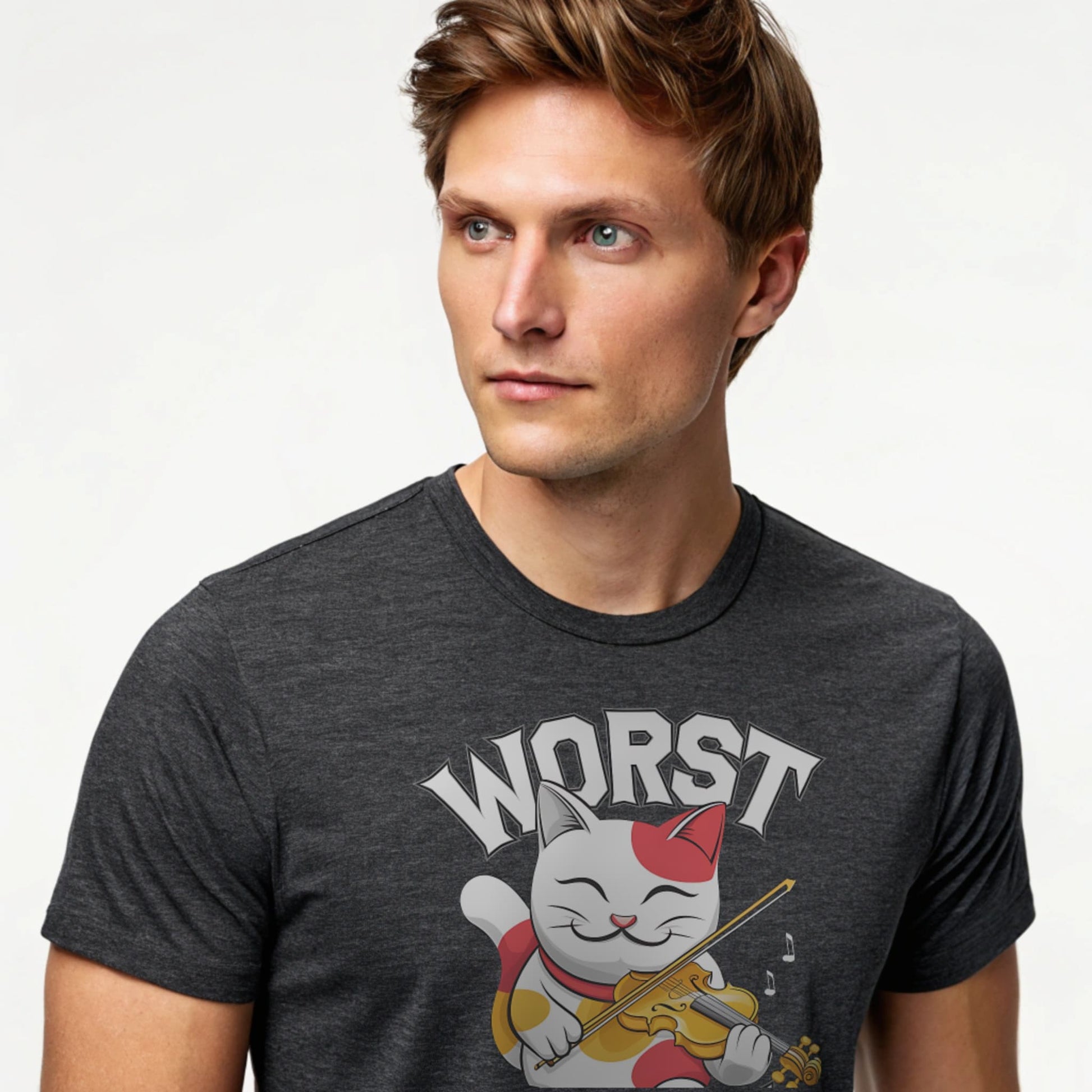 Dark Heather studio mockup of Worst Luck T-Shirt on a male model, front view, natural eyes, plain crew neck