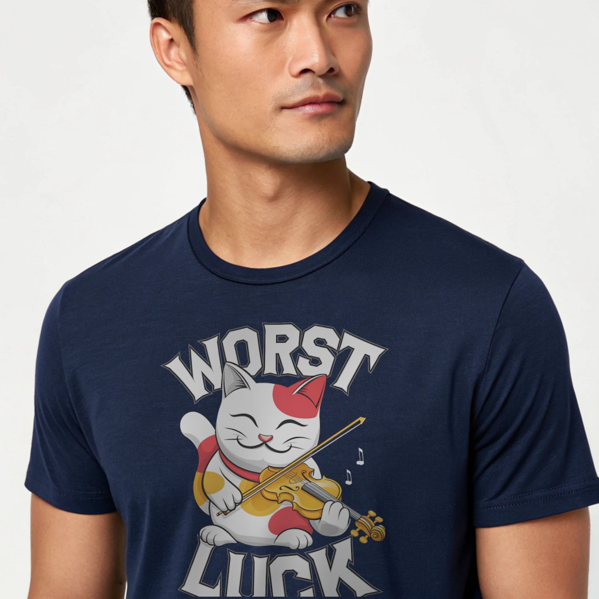Navy studio mockup of Worst Luck T-Shirt on a male model, front view, natural eyes, plain crew neck