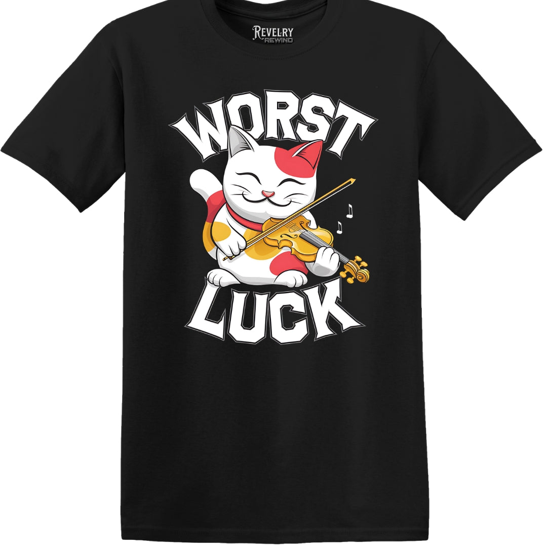 Flat lay of Worst Luck design on black t-shirt
