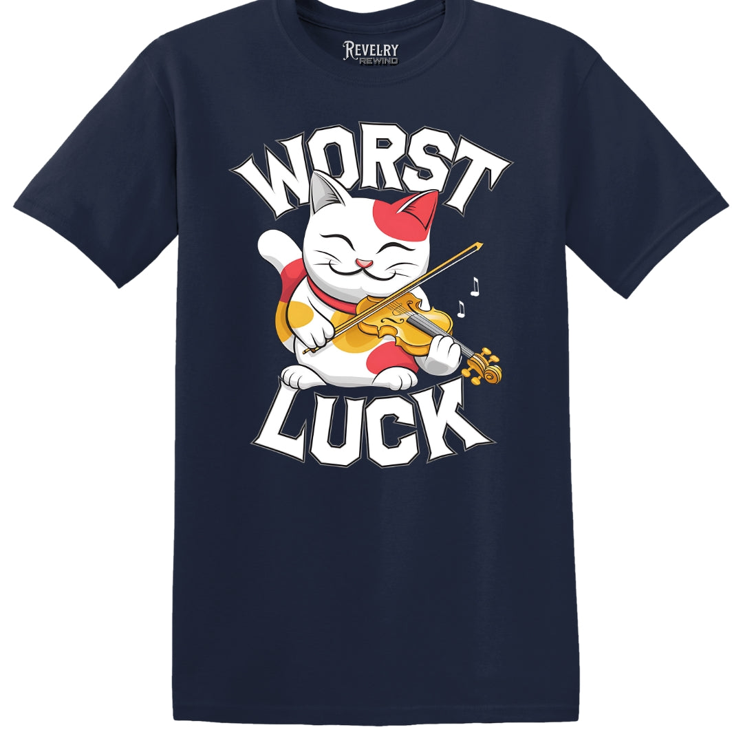 Flat lay of Worst Luck design on navy t-shirt