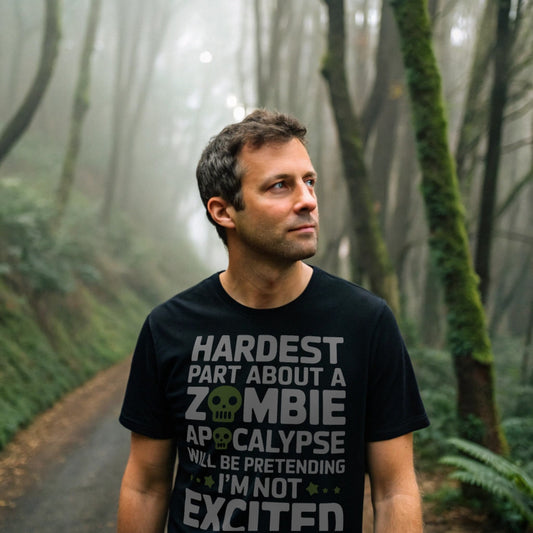 Hyper-realistic mockup of a 25–40-year-old man wearing a black Zombie Hype T-Shirt standing on a misty forest path at dawn.