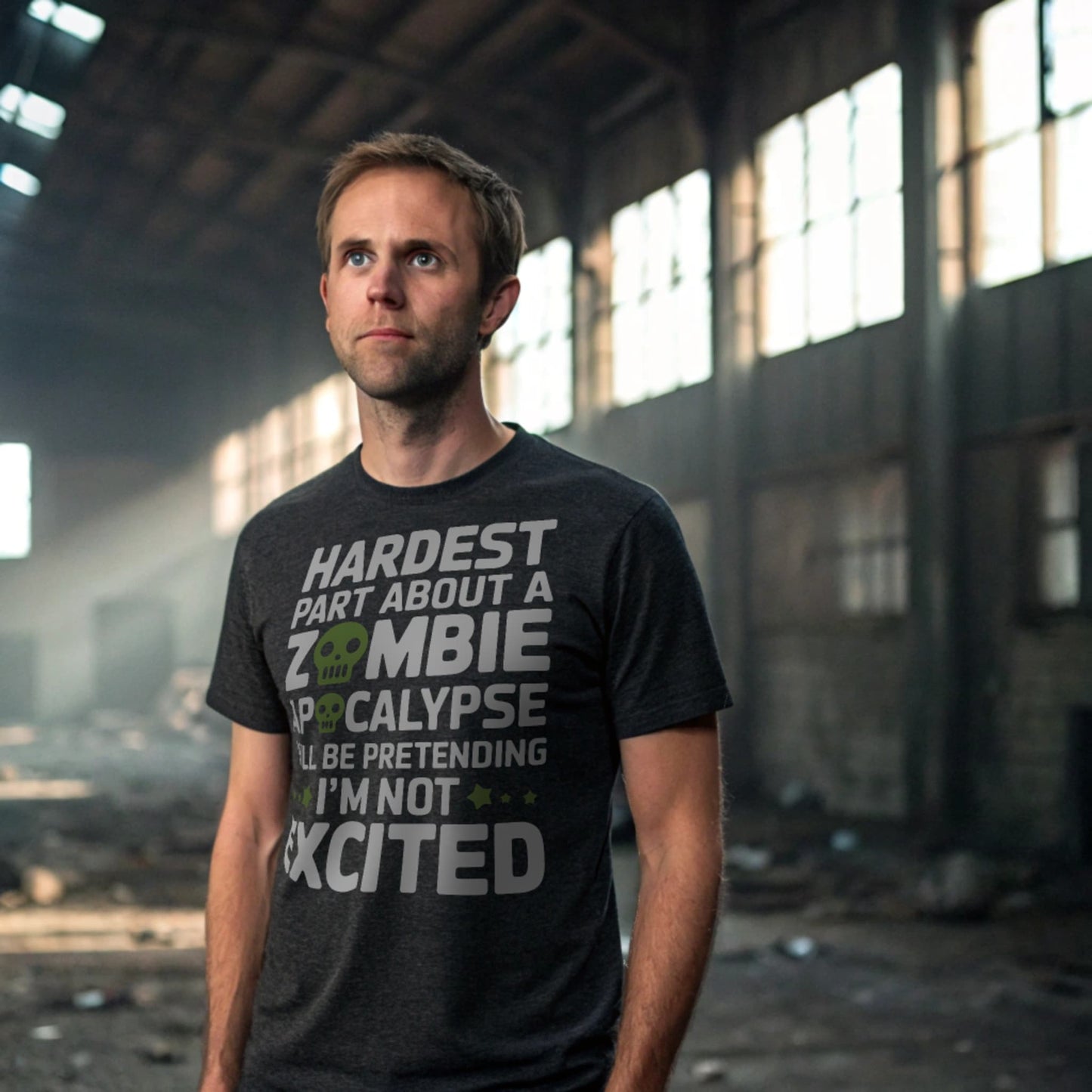 Hyper-realistic mockup of a 25–40-year-old man wearing a dark heather Zombie Hype T-Shirt in an abandoned industrial warehouse with debris and light shafts.